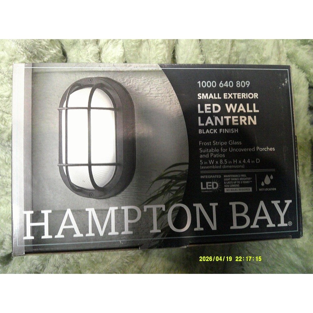 Hampton Bay Small Exterior LED Wall Lantern Black Finish Frost Stripe Glass Wet